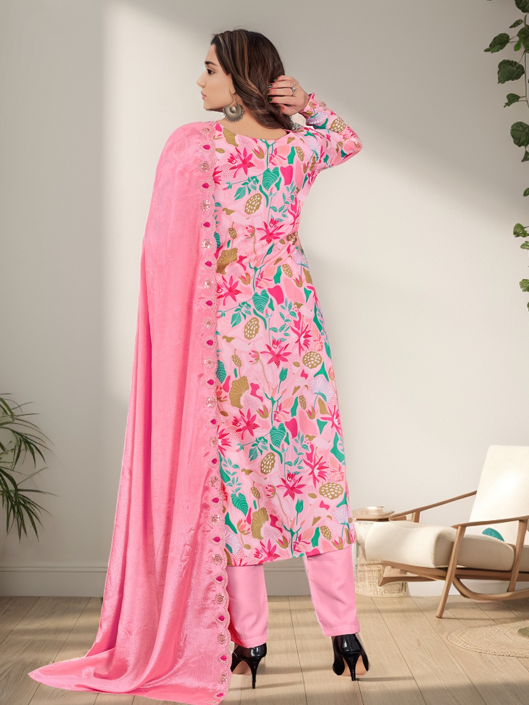

KALINI Floral Printed Regular Mirror Work Kurta with Trousers & With Dupatta, Pink