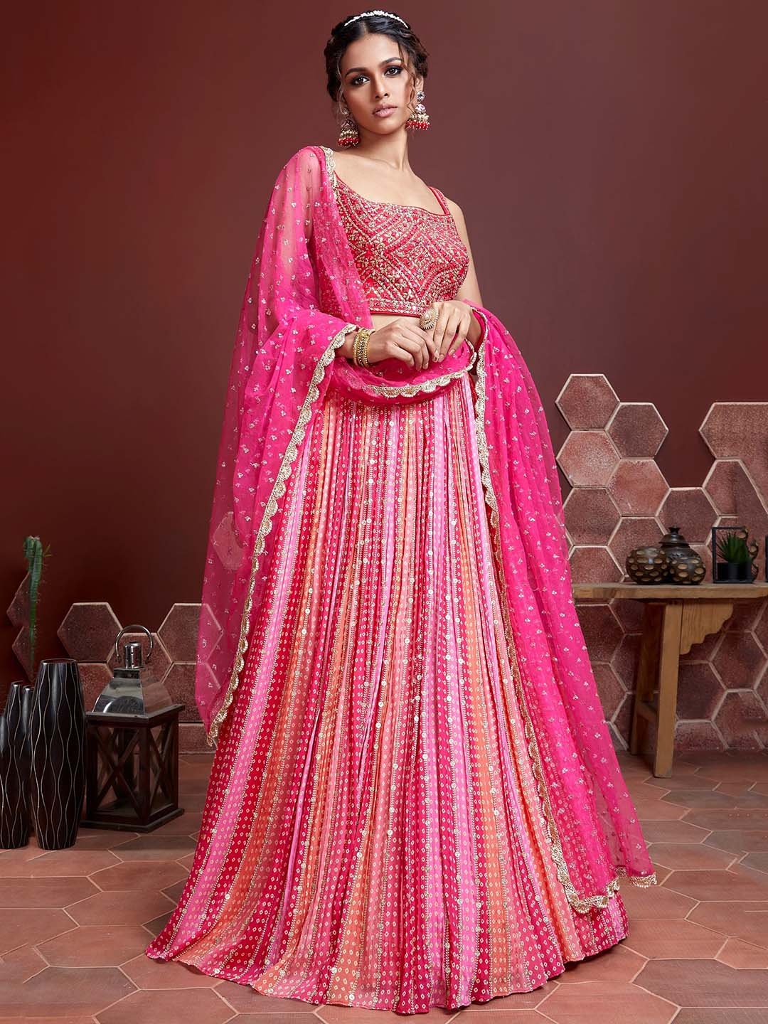 

FABPIXEL Embellished Mirror Work Semi-Stitched Lehenga & Unstitched Blouse With Dupatta, Pink