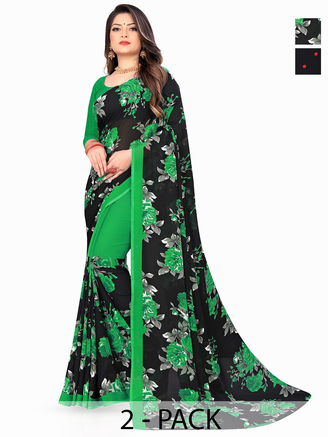 

ANAND SAREES Floral Poly Georgette Saree 2-pcs, Green