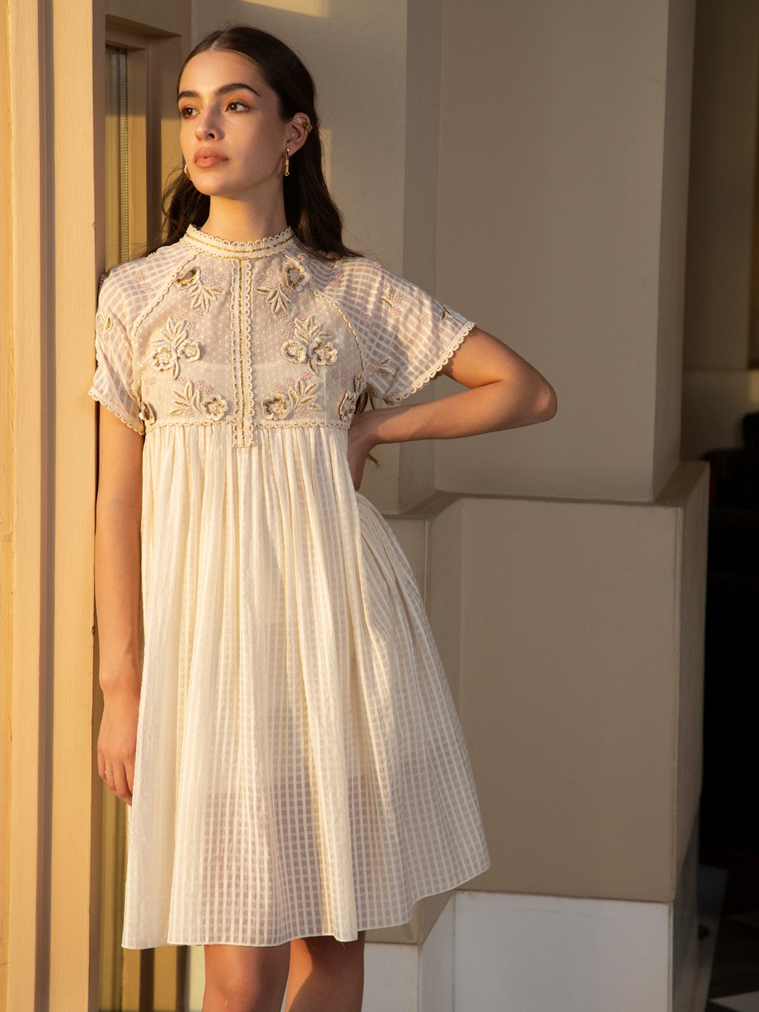 

Bhanuni Striped Embroidered A-Line Dress, White