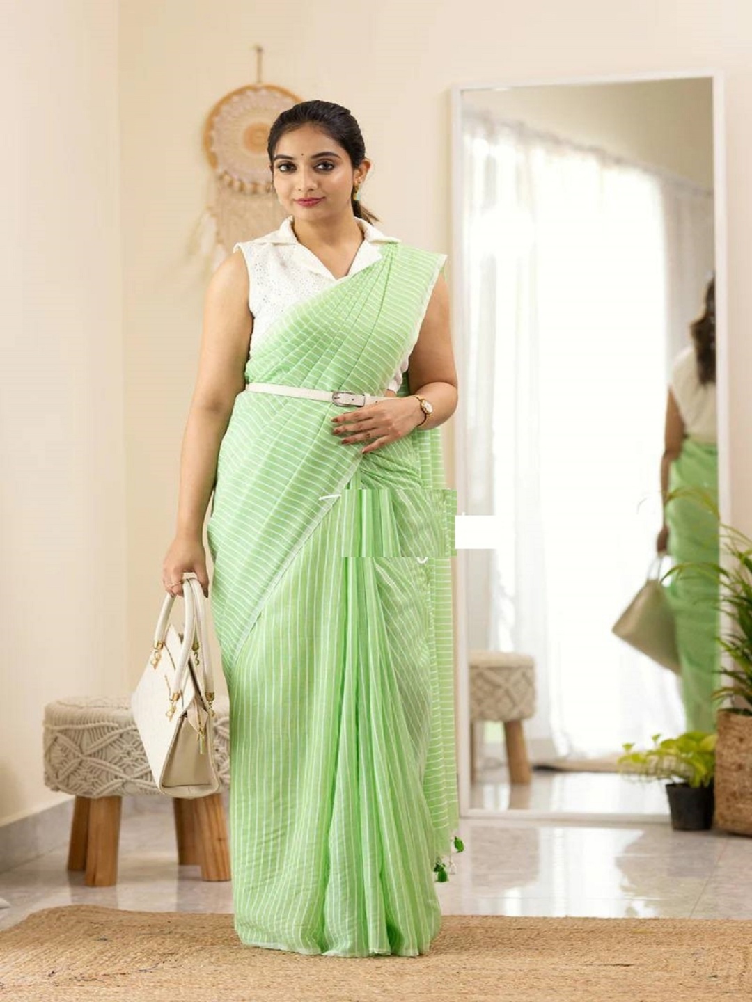 

LADY SHOPI Striped Pure Cotton Saree, Green