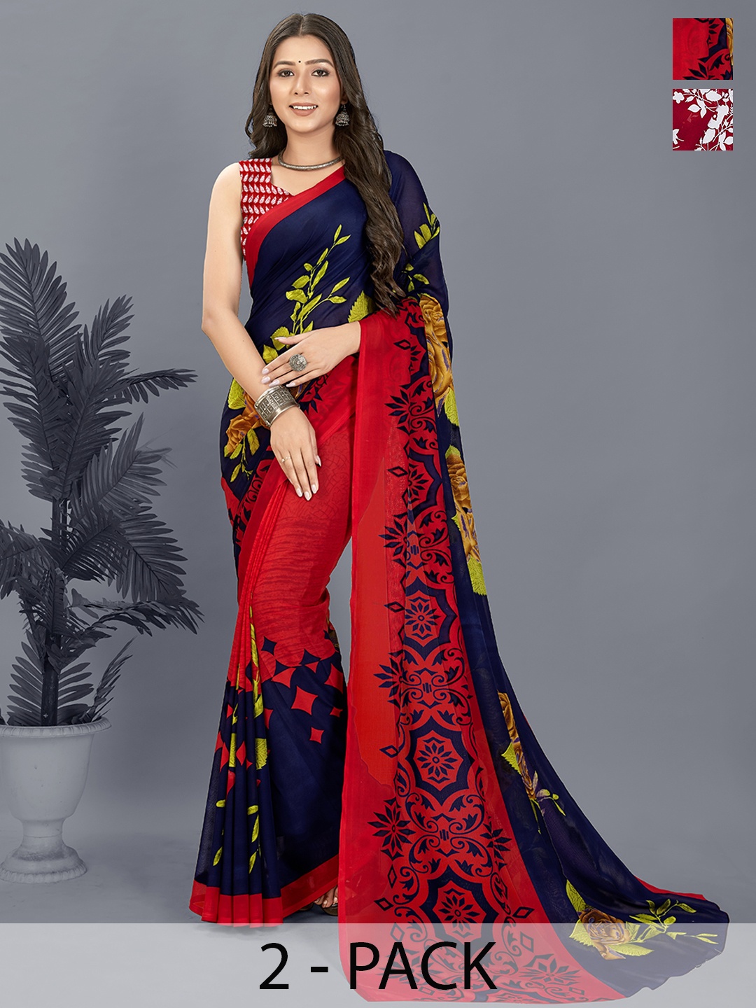 

ANAND SAREES Selection of 2 Floral Printed Saree, Red