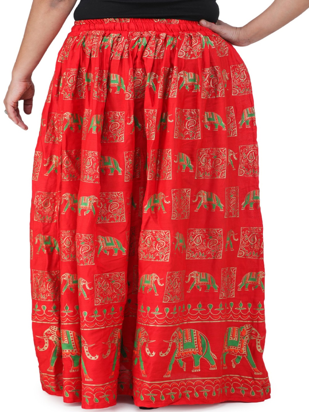 

Exotic India Printed Pure Cotton A-Line Maxi Skirt, Red