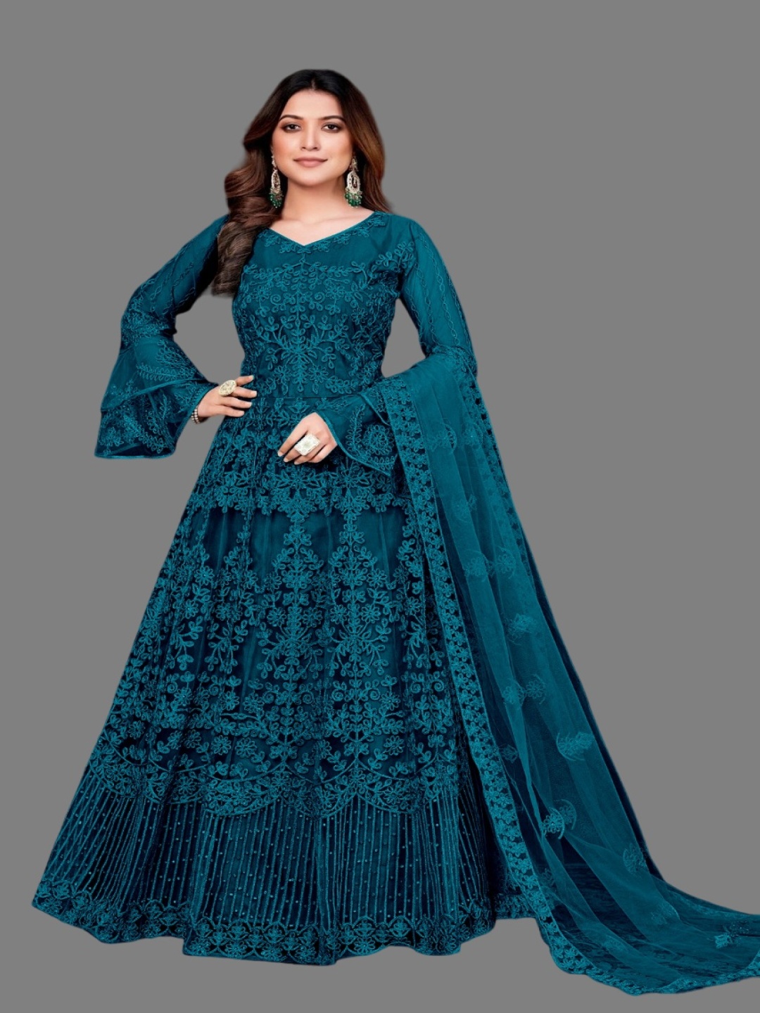 

JULEE Women Embroidered Bell Sleeve Fit & Flare Ethnic Dresses, Teal