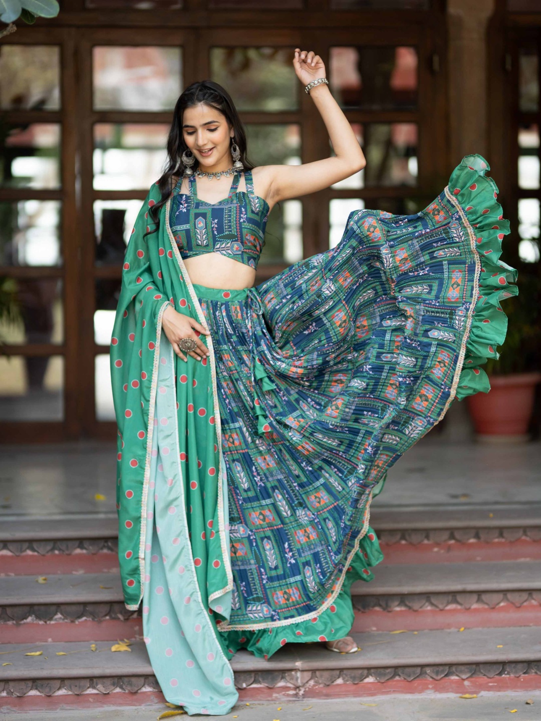 

ASPORA Printed Semi-Stitched Lehenga & Unstitched Blouse With Dupatta, Green