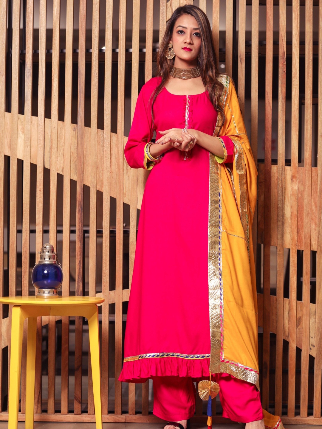 

Chandbaali Round Neck Regular A-Line Kurta with Trousers & Dupatta, Pink