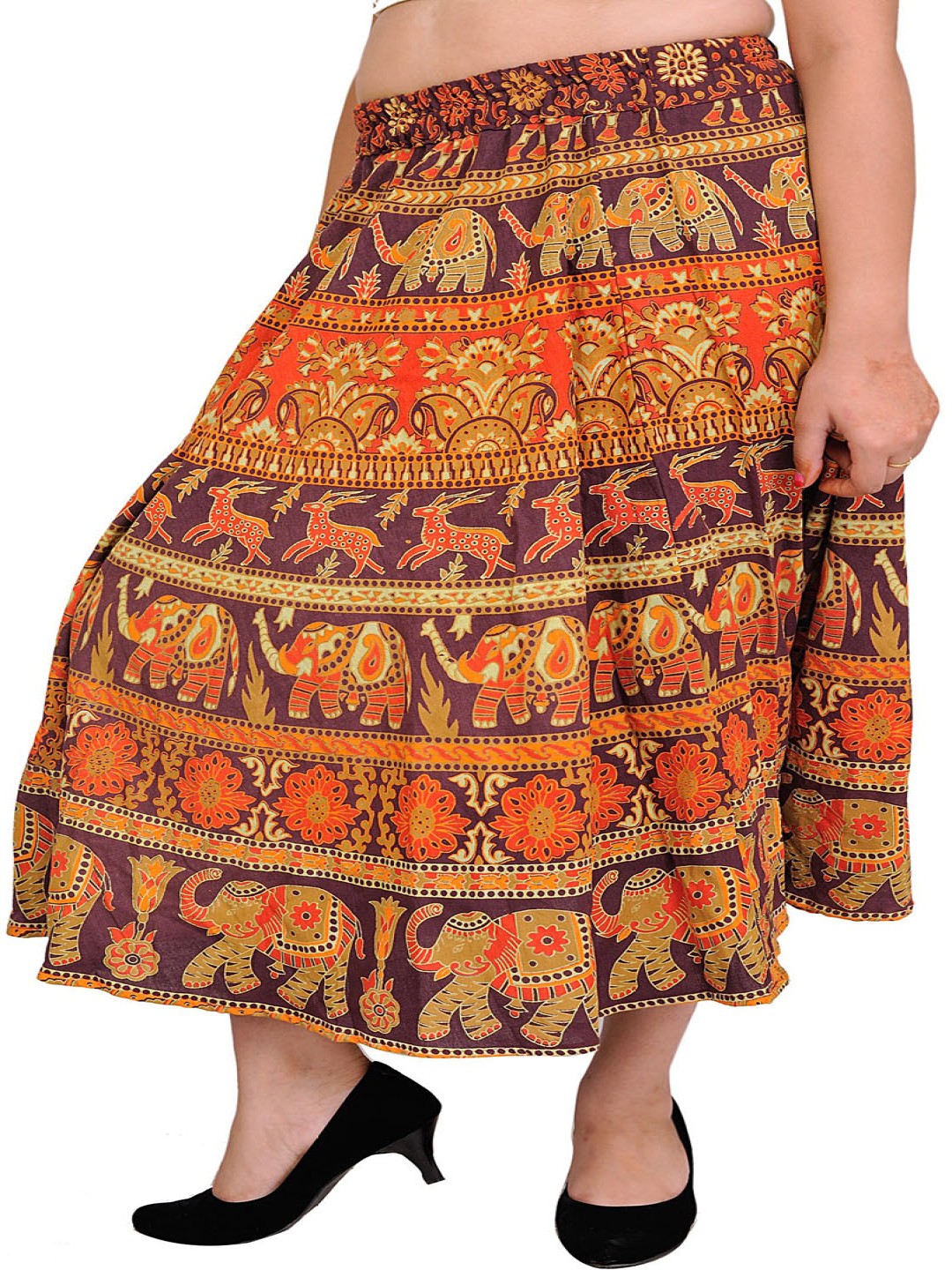 

Exotic India Printed Flared Midi Pure Cotton Skirt, Brown