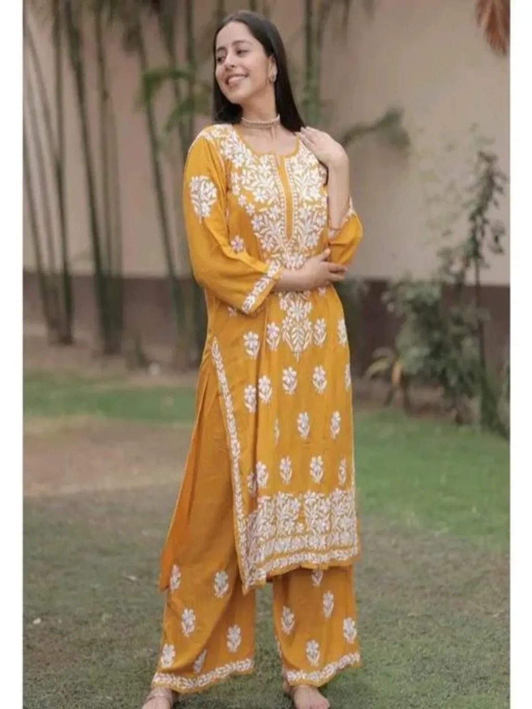 

Rujave Floral Embroidered Chikankari Straight Kurta With Palazzo, Yellow