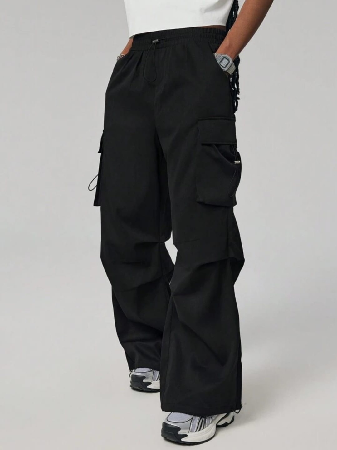 

BROADSTAR Women Loose-Fit High-Rise Cargo Track Pants, Black