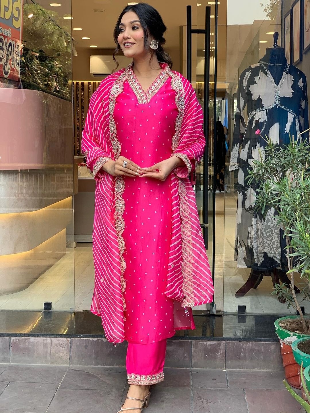 

KALINI Floral Printed Thread Work Straight Kurta With Trousers & Dupatta, Pink