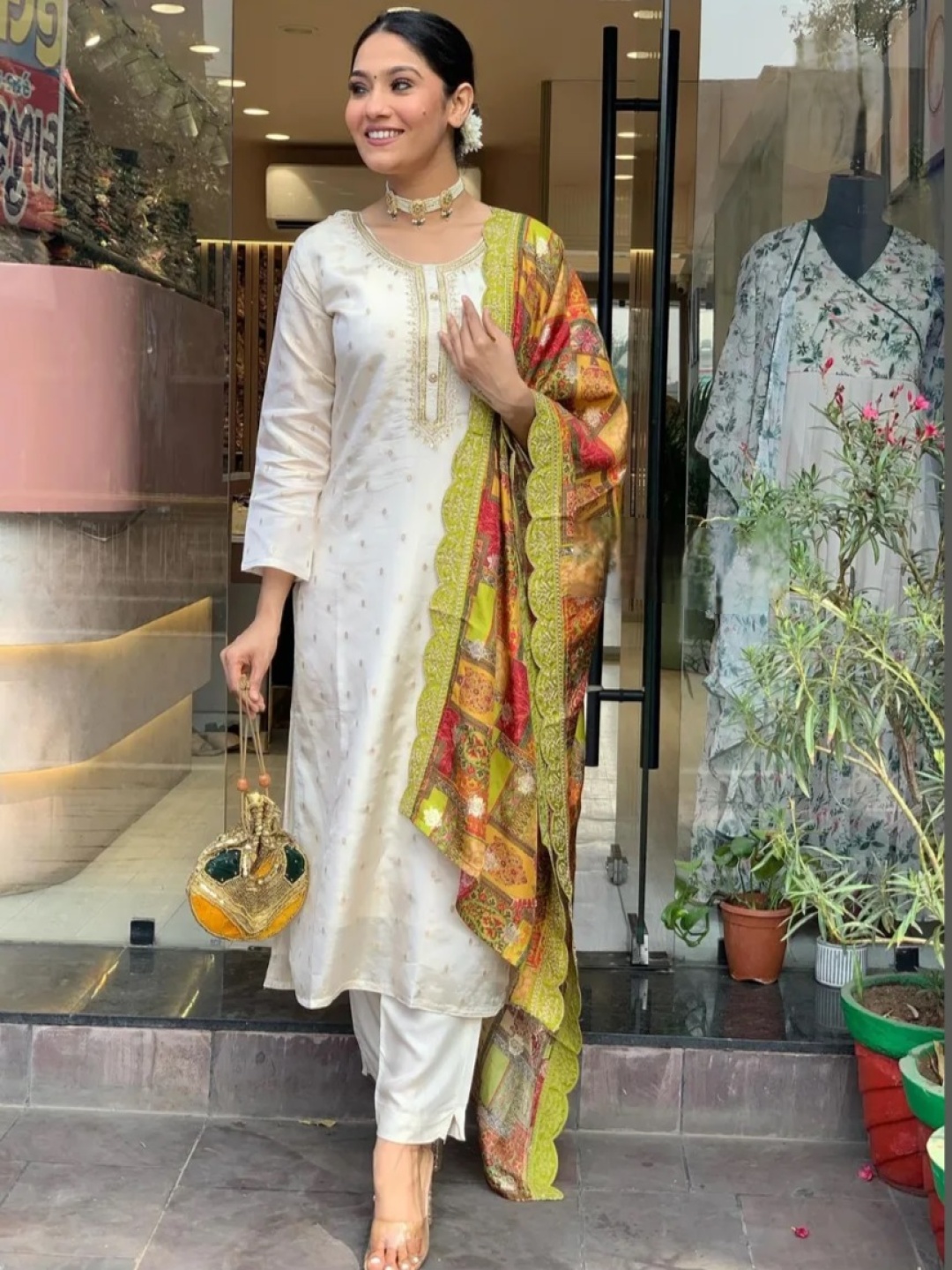 

KALINI Ethnic Motifs Woven Design Chanderi Silk Straight Kurta With Trousers & Dupatta, Off white