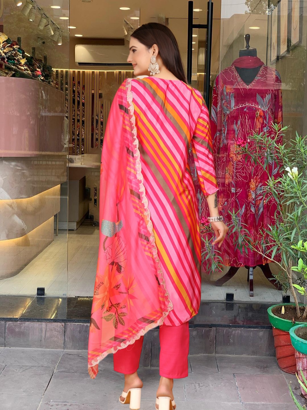 

KALINI Striped V Neck Straight Kurta & Trousers With Dupatta, Pink