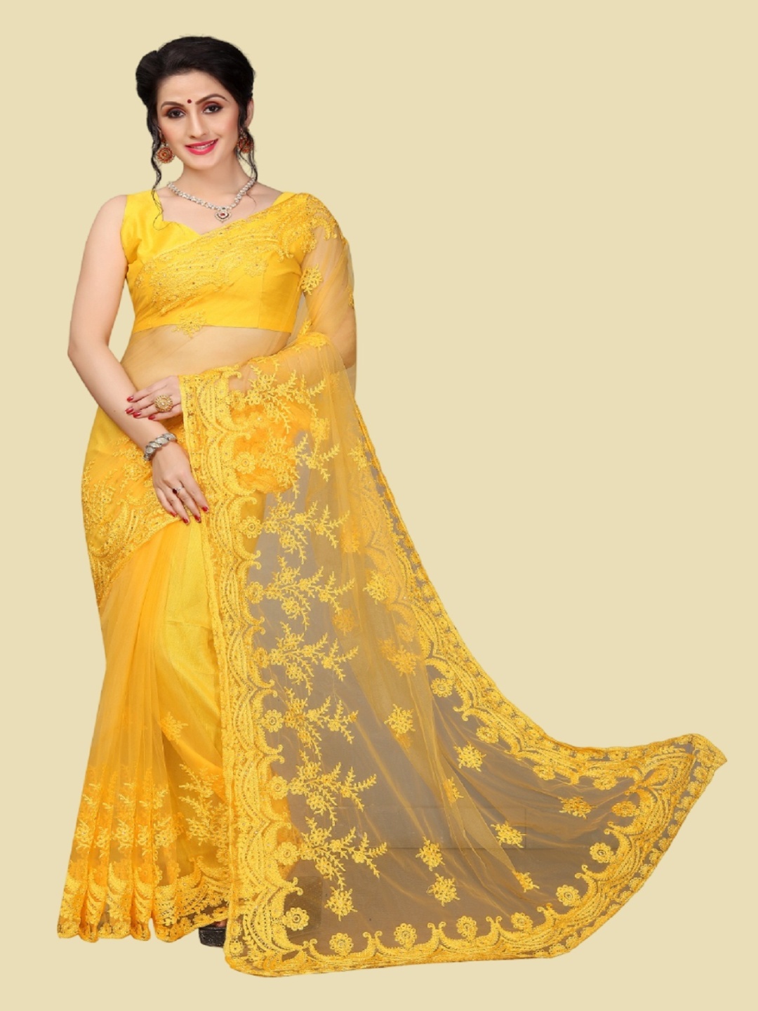 

LADY SHOPI Floral Embroidered Net Saree, Yellow
