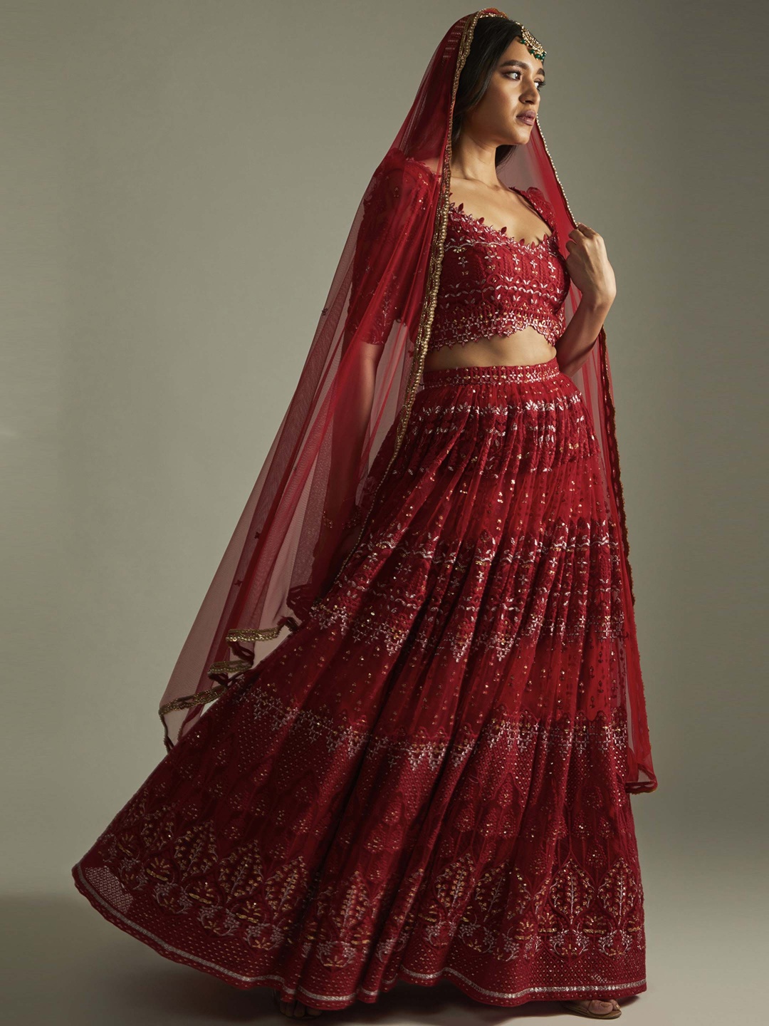 

Renee Label Embroidered Ready to Wear Lehenga & Blouse With Dupatta, Red