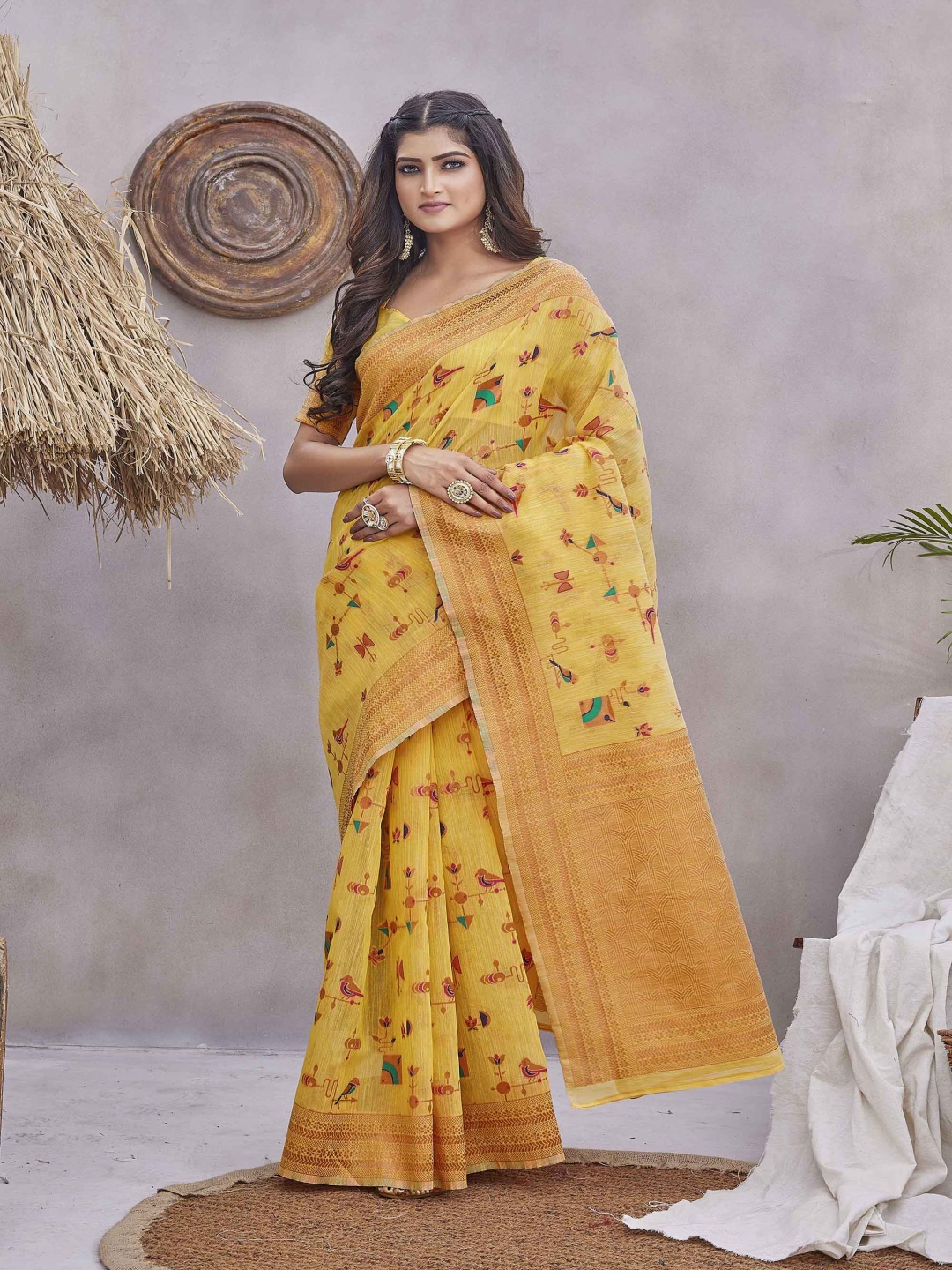 

DIVASTRI Woven Design Zari Pure Linen Mysore Silk Saree, Yellow
