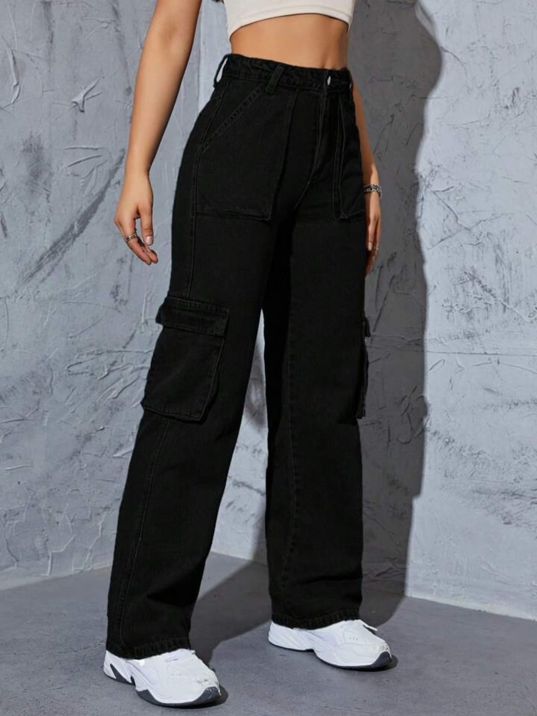 

Next One Women Smart Wide Leg High-Rise Clean Look Cotton Stretchable Cargo Styles Jeans, Black