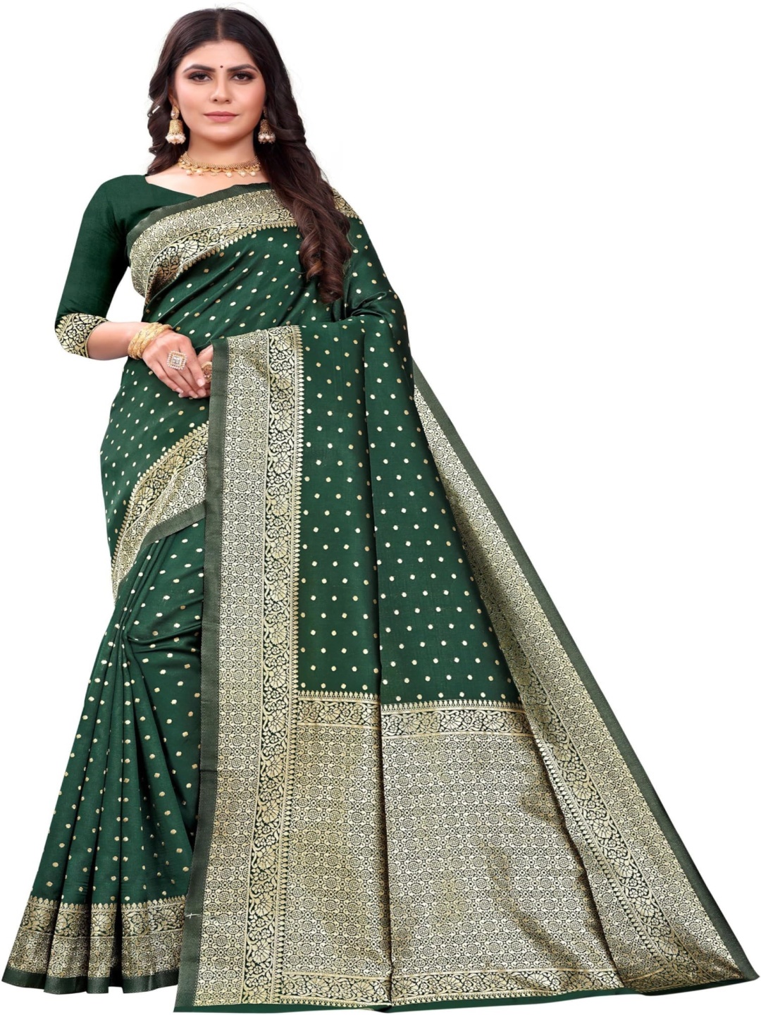 

QENY Woven Design Zari Art Silk Banarasi Saree, Green
