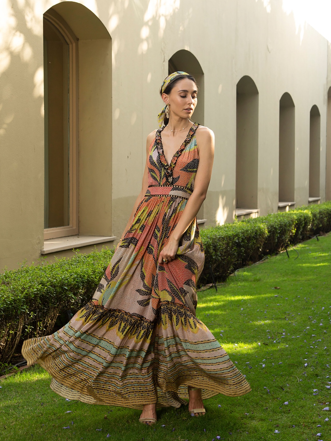 

Bhanuni Women Floral Print Maxi Dress, Peach