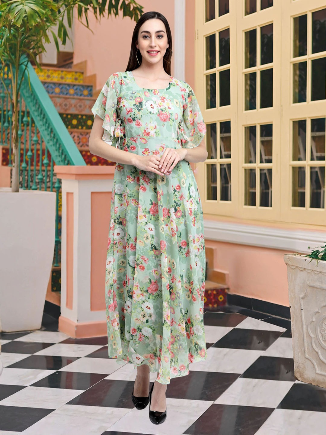 

MISS AYSE Women Floral Print Short Sleeves Square Neck Flared Maxi Dress, Green