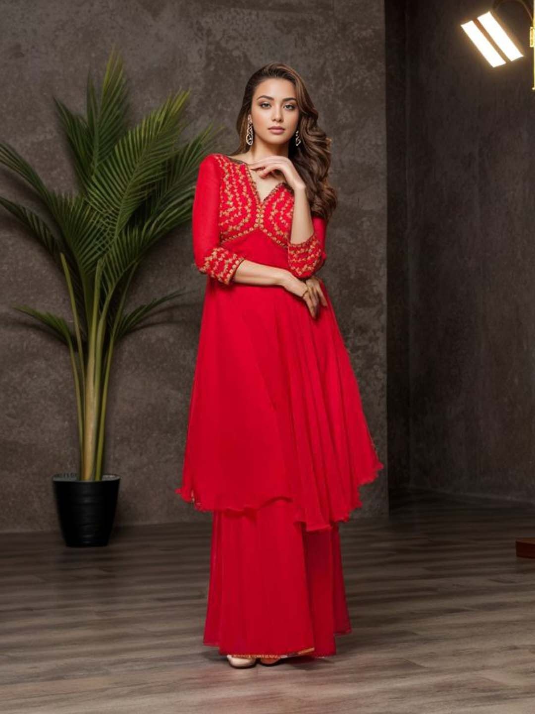 

kipek Ethnic Motifs Embroidered A-Line Kurta with Sharara, Red