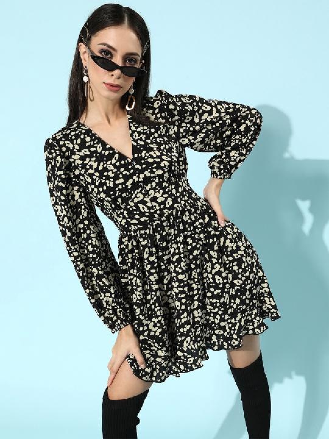 

EVERYDAY by ANI Animal Print Puff Sleeve Crepe Fit & Flare Dress, Black