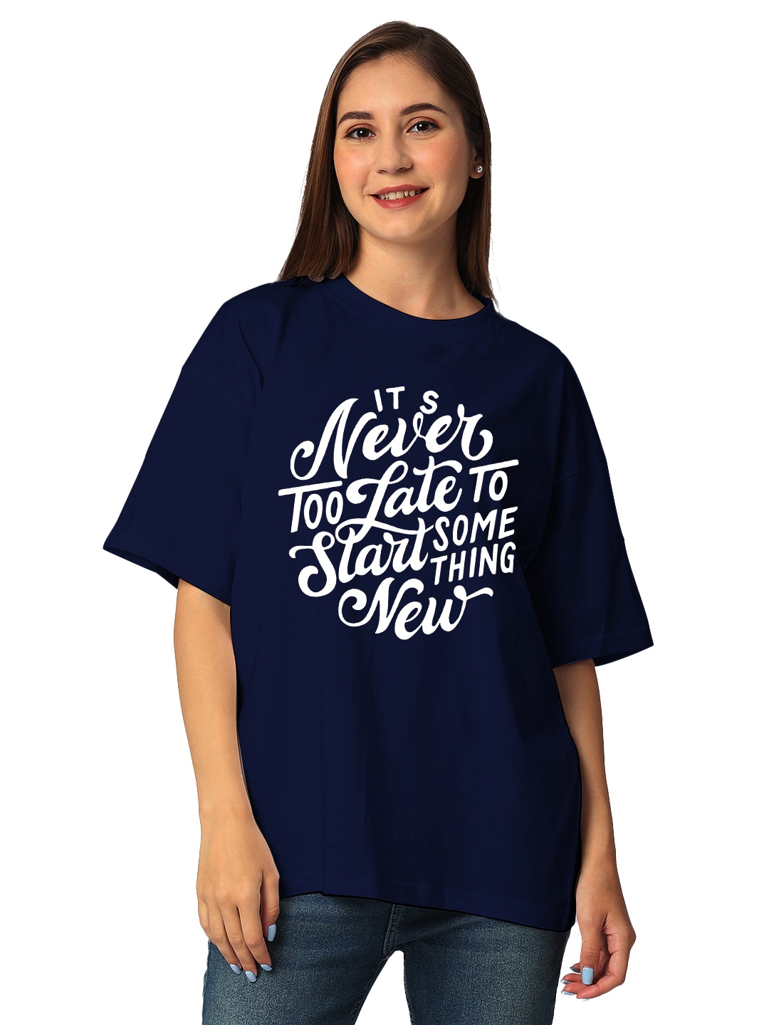 

STATUS MANTRA Women Typography Printed Bio Finish Pockets T-shirt, Navy blue