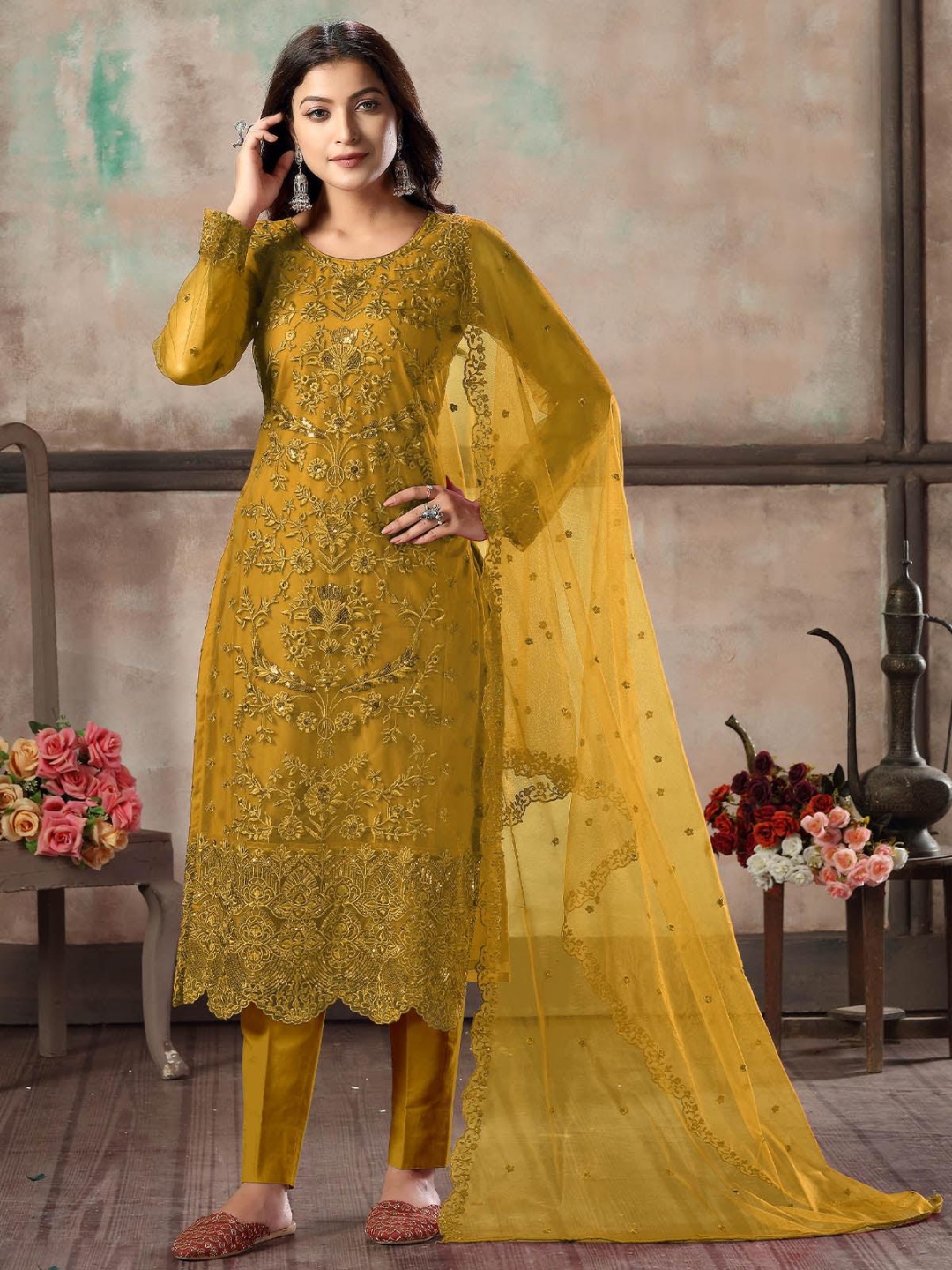 

ODETTE Women Embroidered Layered Gotta Patti Kurta with Salwar & With Dupatta, Mustard