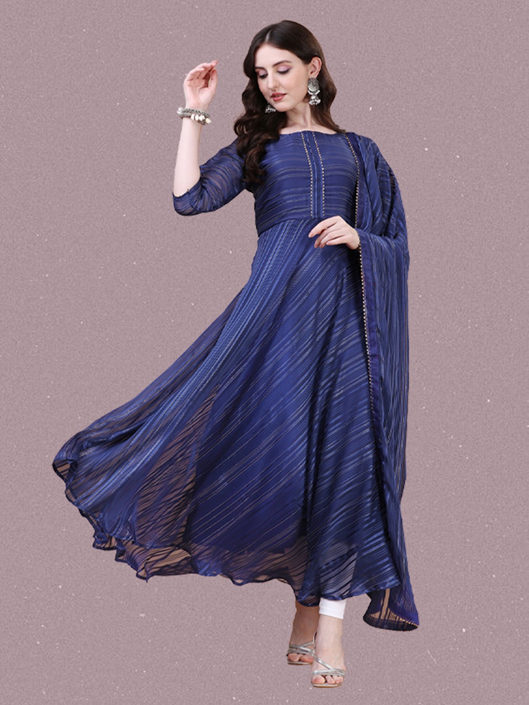 

N N ENTERPRISE Striped Georgette Anarkali Kurta With Dupatta, Blue