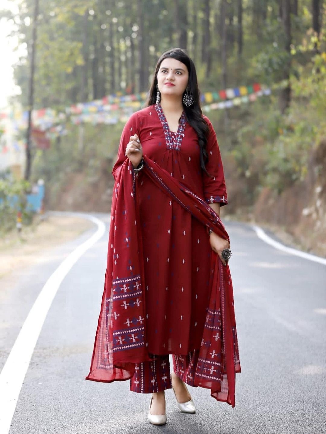 

KALINI Floral Embroidered V-Neck Thread Work A-Line Kurta with Palazzos & Dupatta, Maroon