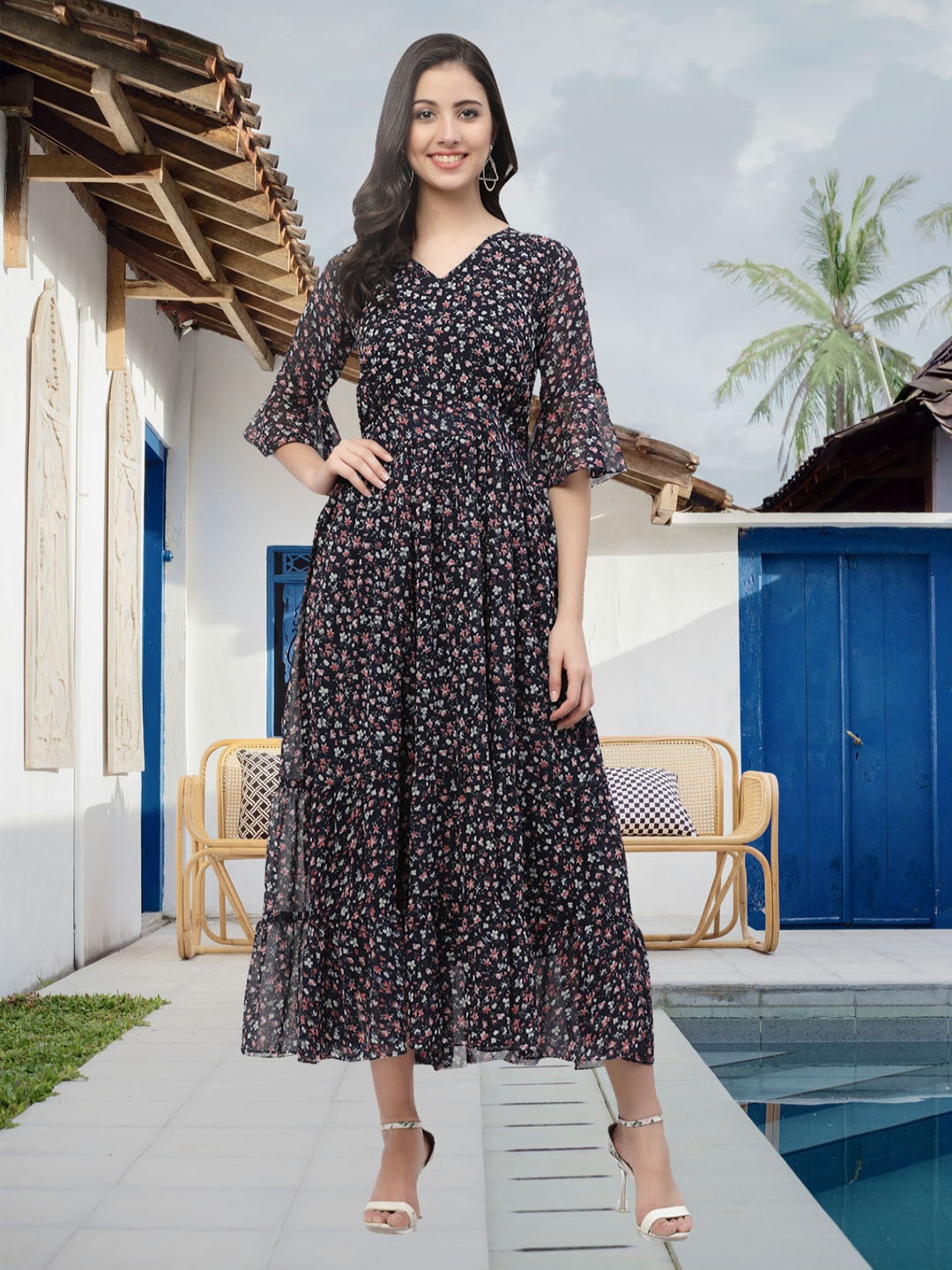 

MISS AYSE Floral Print Bell Sleeve Applique Georgette Maxi Dress, Black