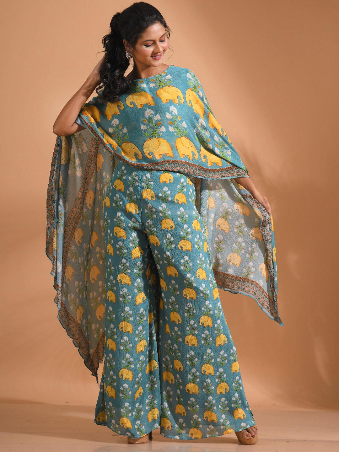 

Morchari Printed Round-Neck Kaftan Top With Trouser Co-Ords, Blue