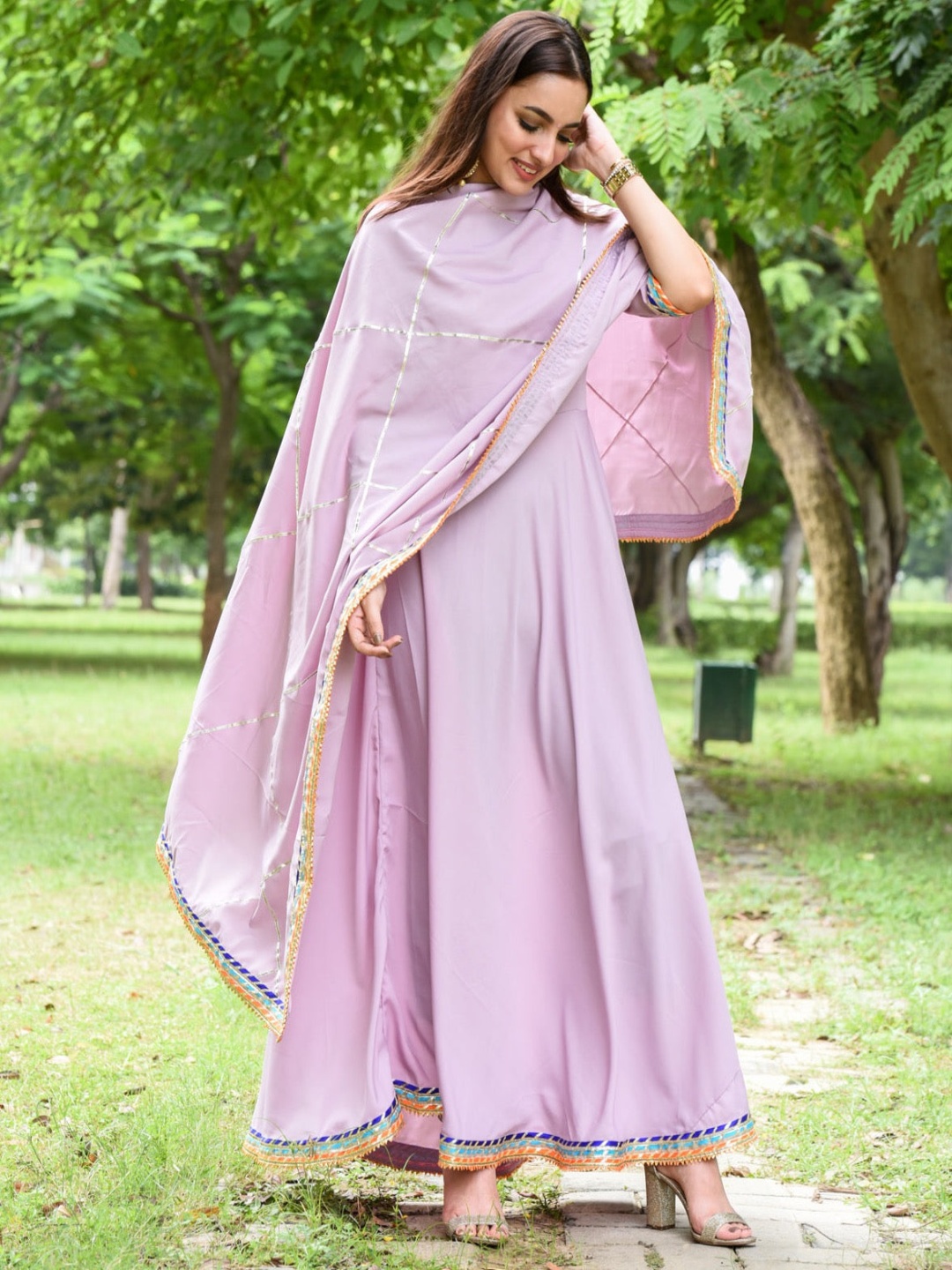 

Chandbaali Round Neck Short Sleeves Anarkali Kurta with Trousers & With Dupatta, Lavender