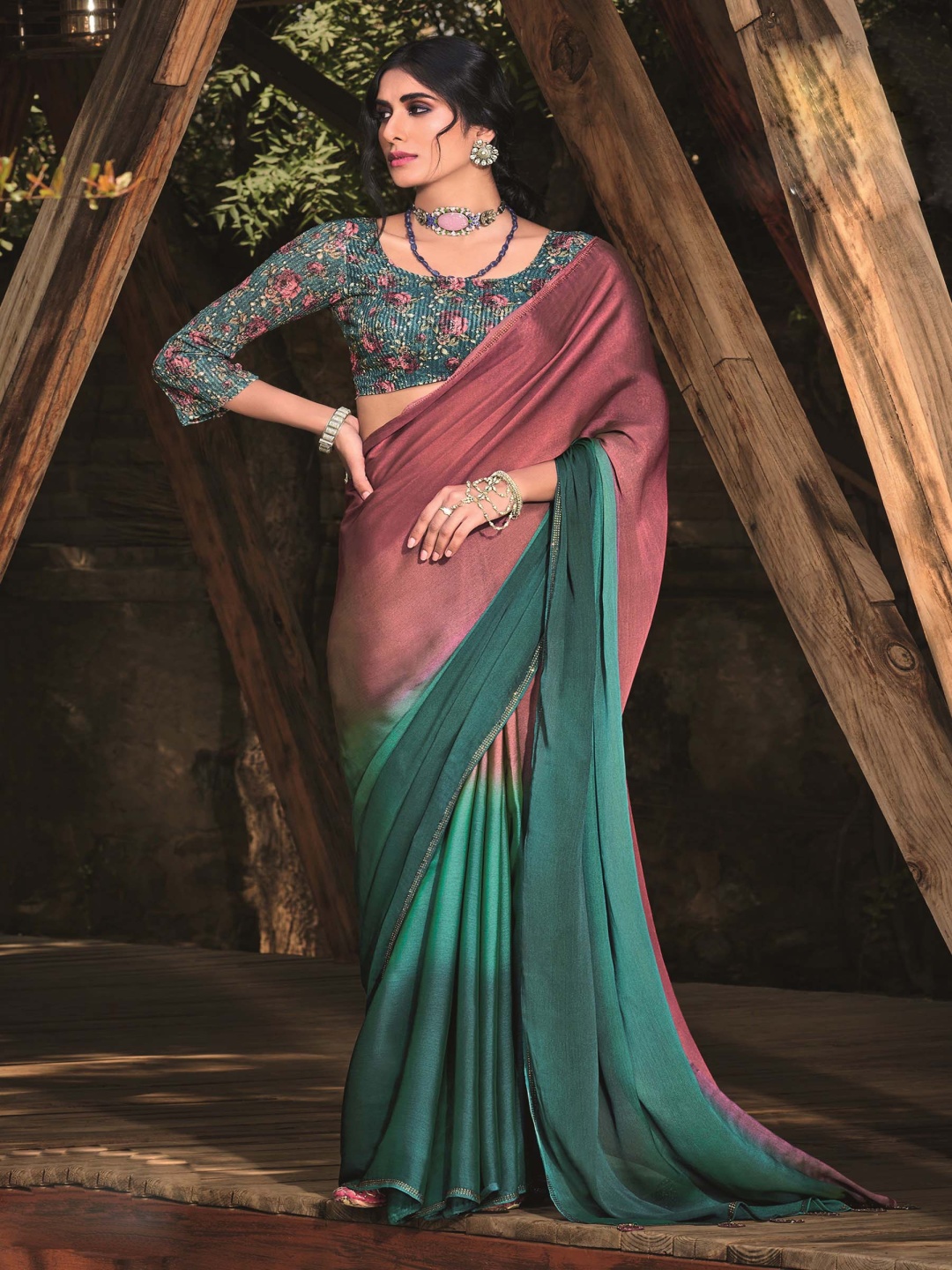 

Panzora Ombre Beads and Stones Embellished Saree, Turquoise blue