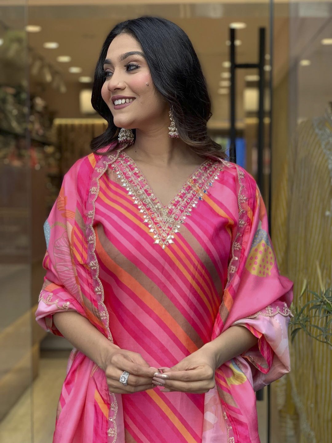 

KALINI Leheriya Embroidered Regular Mirror Work Kurta With Trousers & Dupatta, Pink