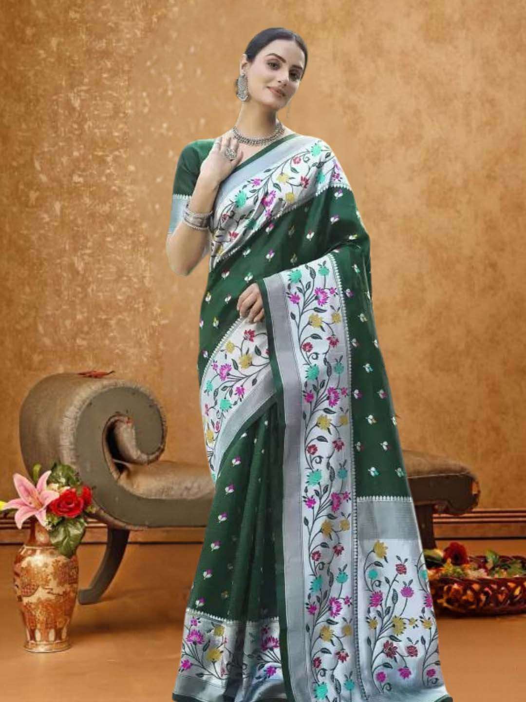 

KAZIA Ethnic Motifs Zari Paithani Saree, Green