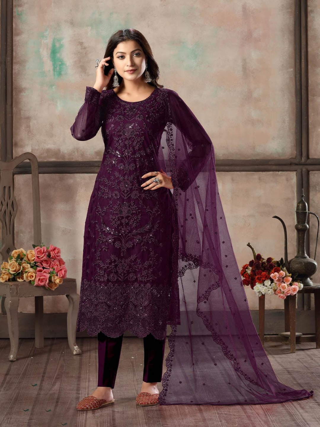 

ODETTE Women Floral Embroidered Regular Sequinned Kurta with Trousers & With Dupatta, Violet