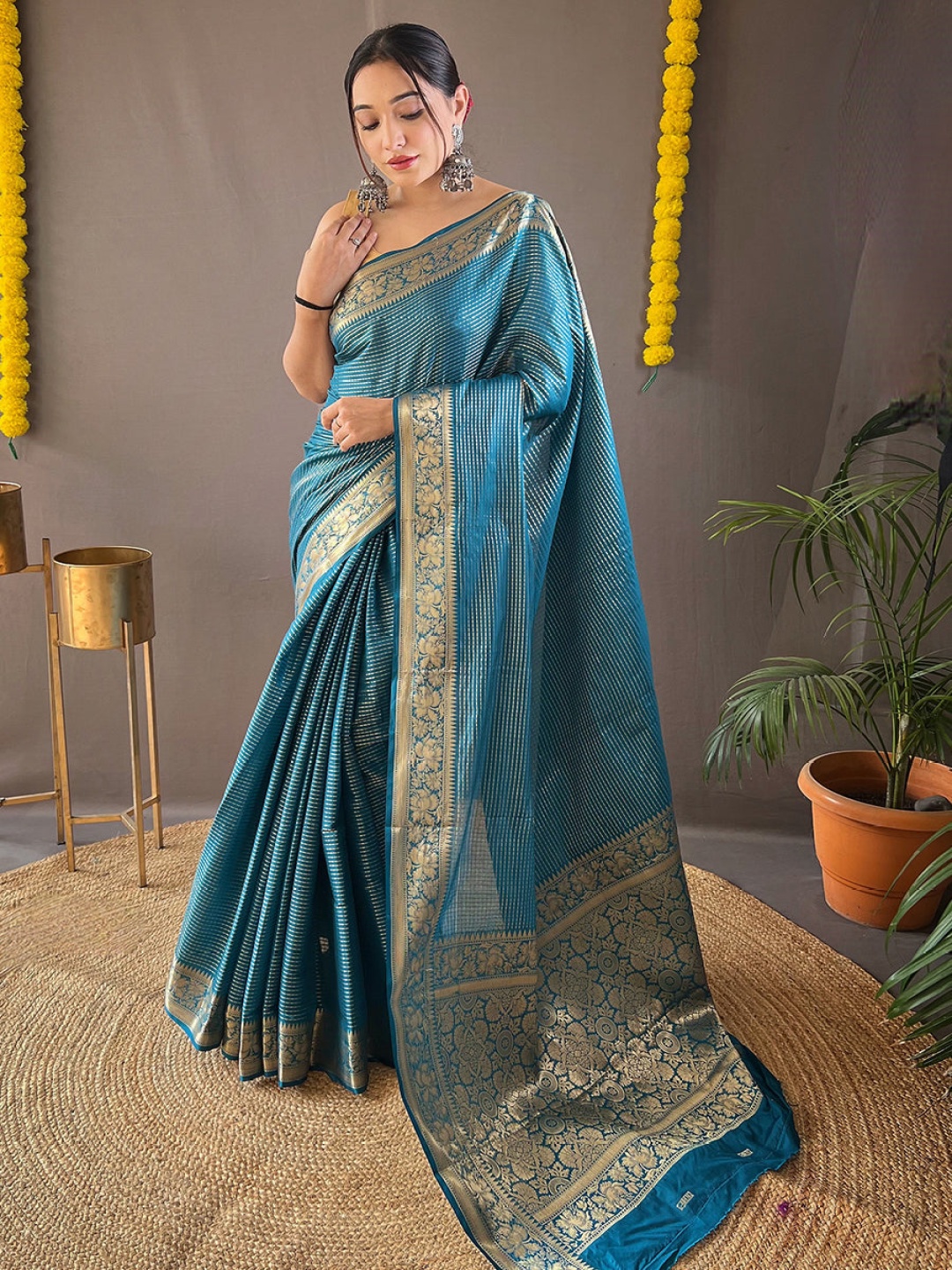 

MySilkLove Floral Zari Organza Saree, Blue