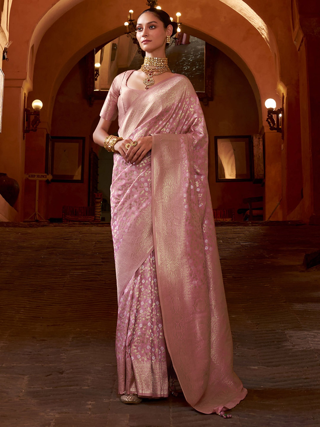 

Anouk Woven Design Zari Silk Blend Kanjeevaram Saree, Pink