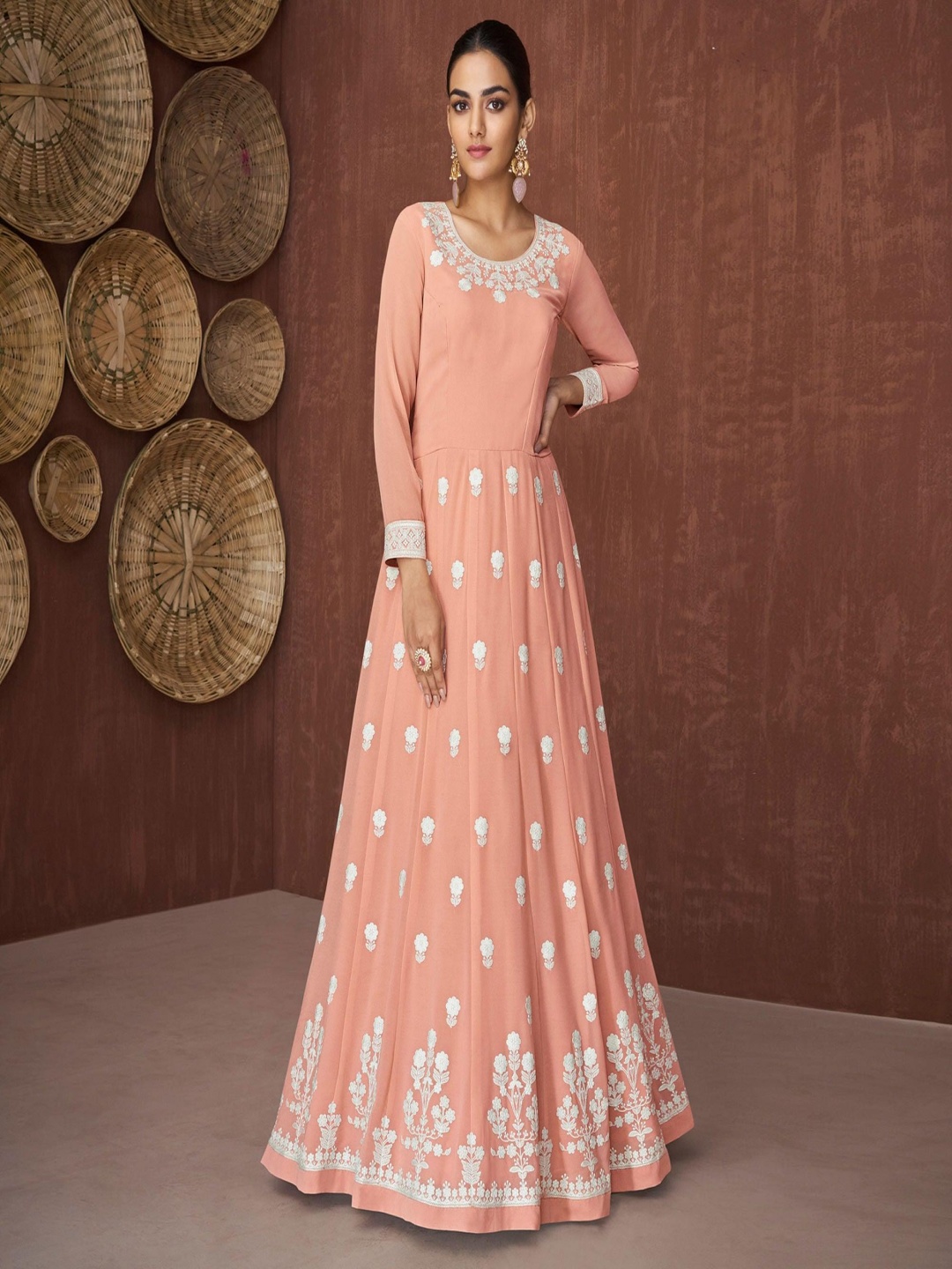 

Peachmode Floral Georgette Maxi Dress, Peach