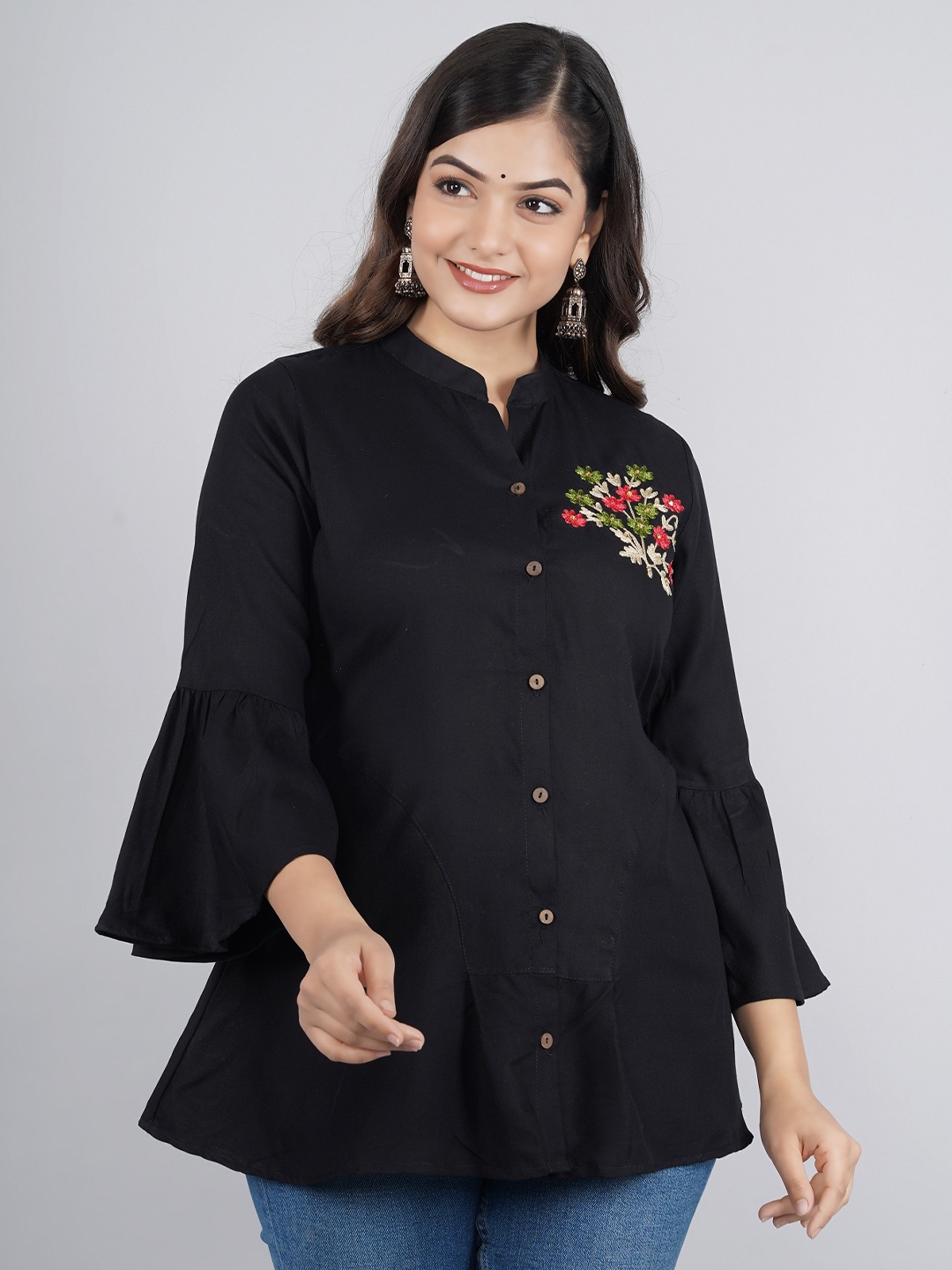 

MANKSH Mandarin Collar Bell Sleeve Shirt Style Top, Black