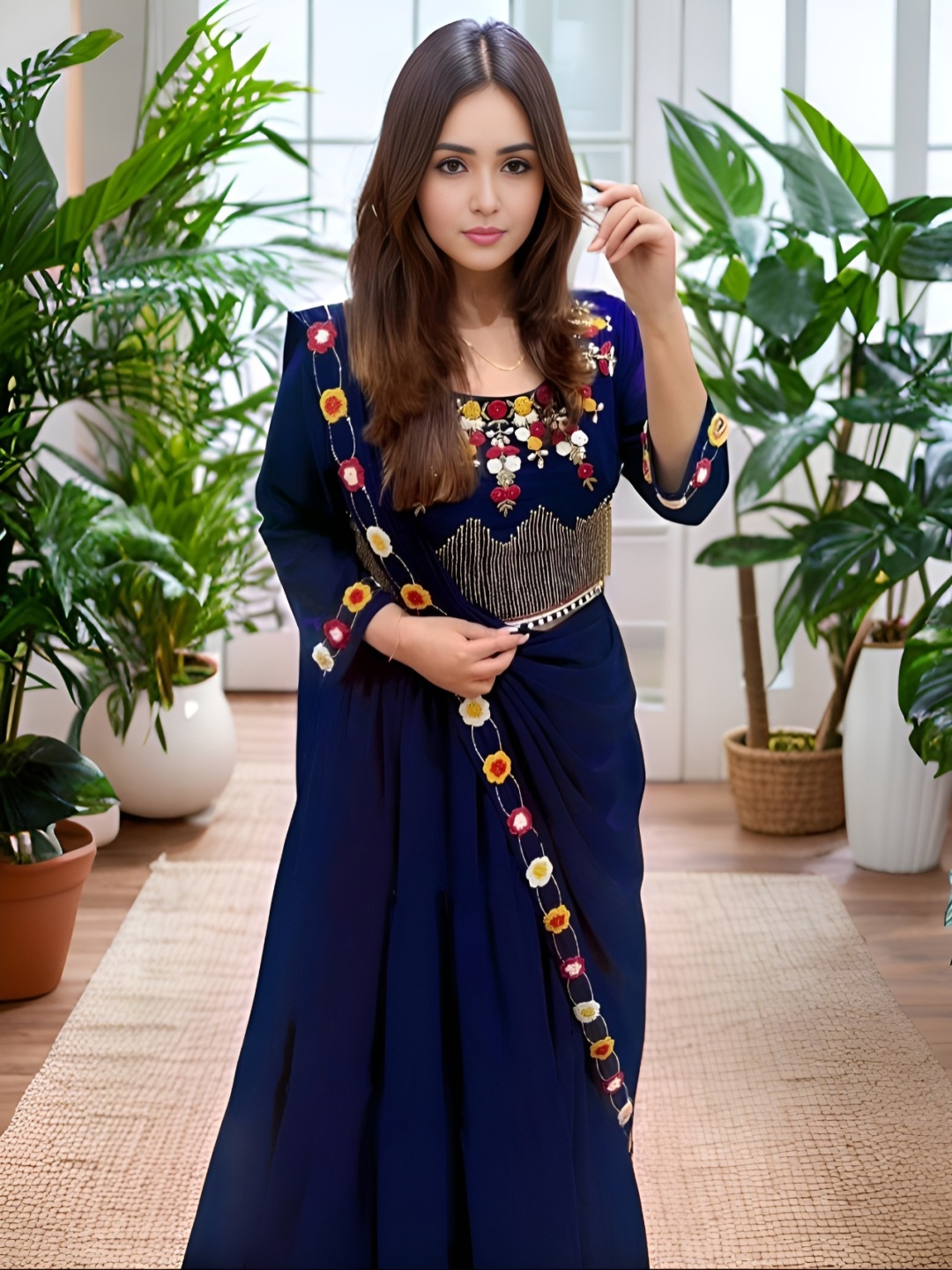 

MADHUR HAND WORK ART Thread Work Semi-Stitched Lehenga & Unstitched Blouse With Dupatta, Blue