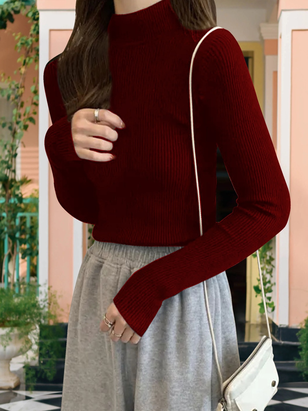

MISS AYSE Women High Neck Ribbed Top, Maroon