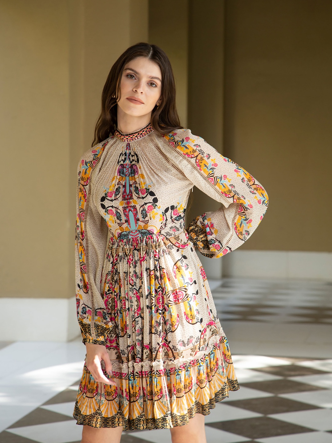 

Bhanuni Women Floral Print Tie-Up Neck Puff Sleeve Fit & Flare Dress, Beige