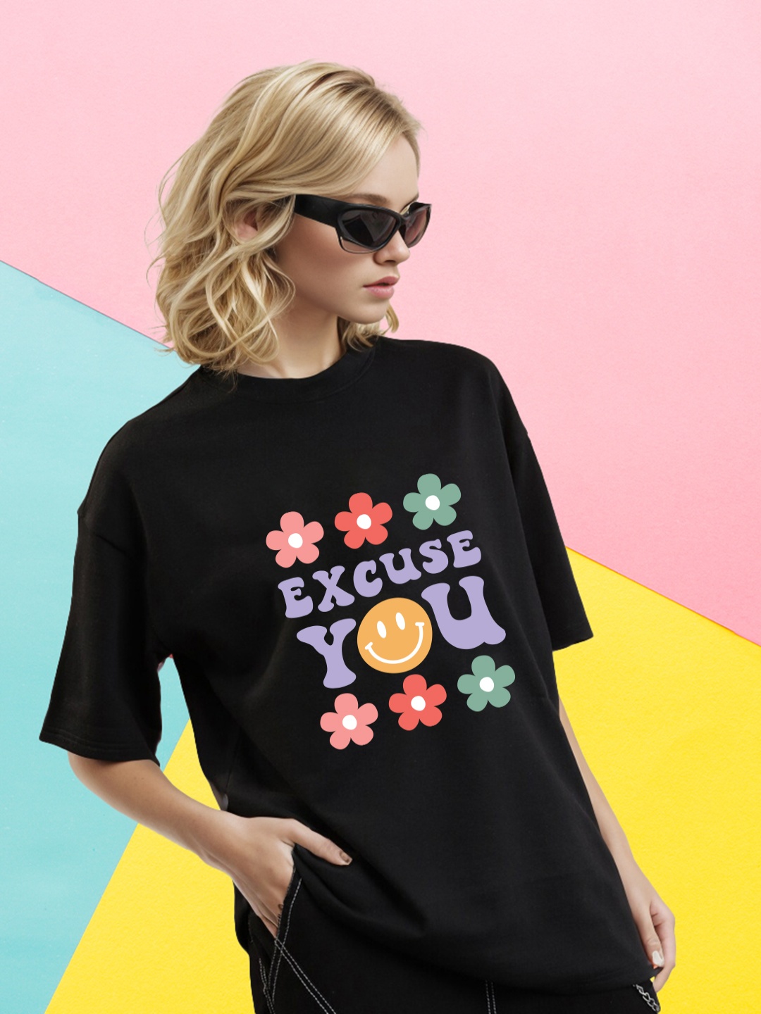 

Slenor Typography Printed Round Neck Short Sleeves Cotton Applique Oversized T-shirt, Black