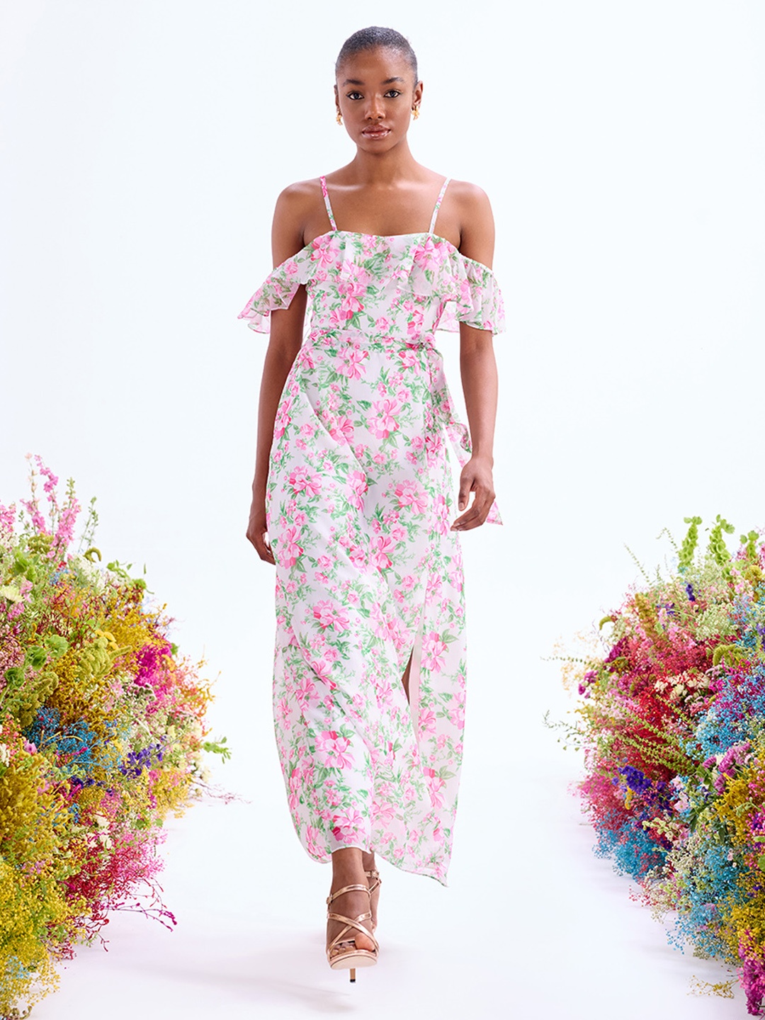 

COVER STORY Floral Print Cold-Shoulder Chiffon Maxi Dress, Off white
