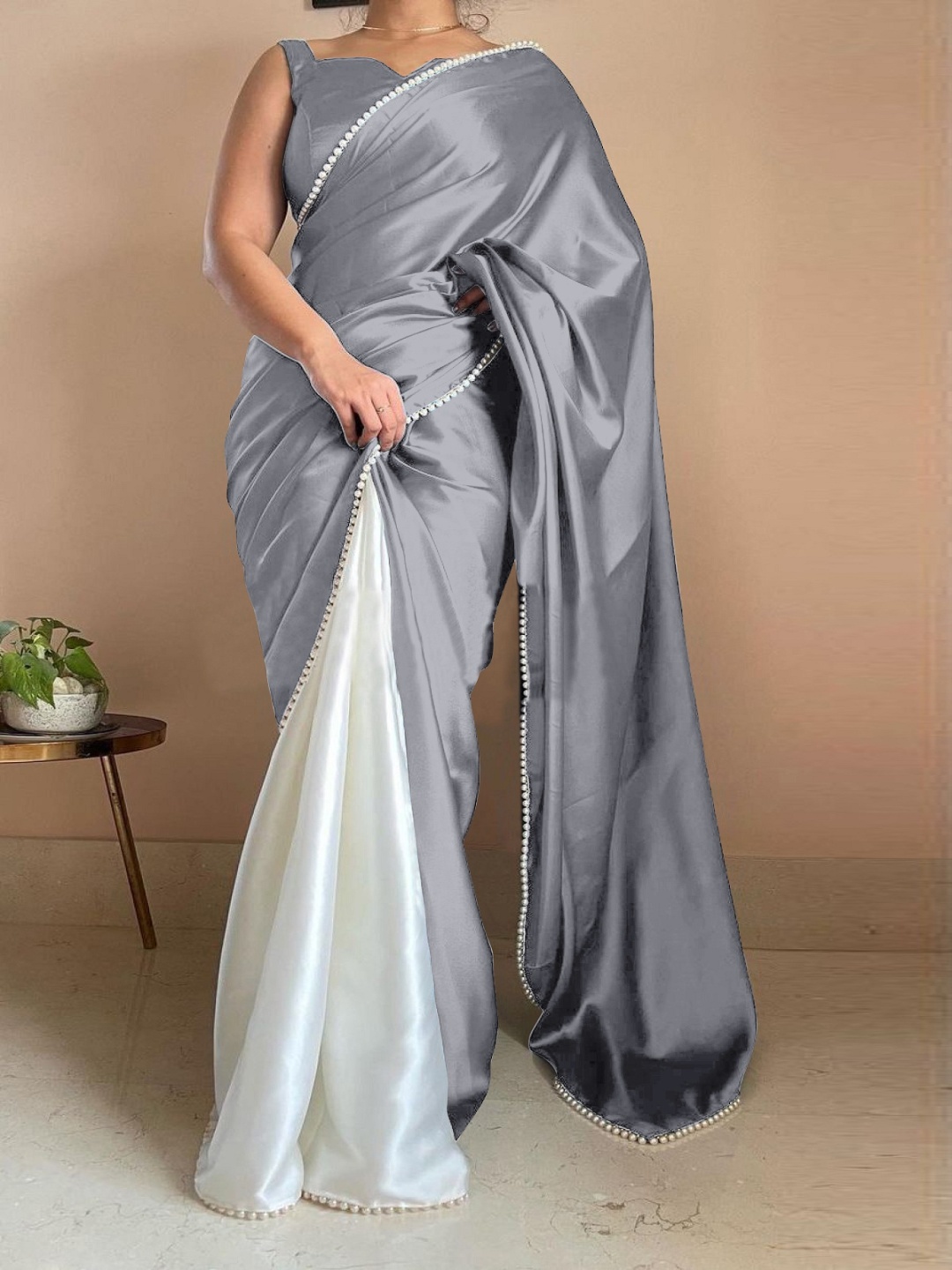 

LADY SHOPI Women Satin Half and Half Saree, Grey