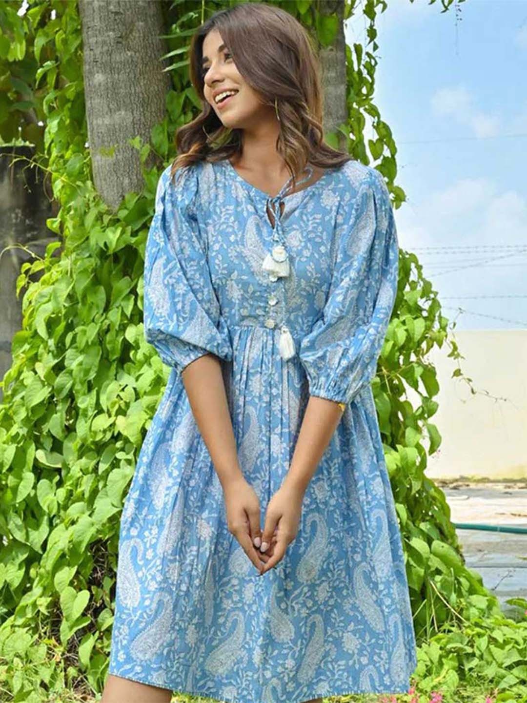 

ARAVALII Printed Fit & Flared Mini Dress, Blue