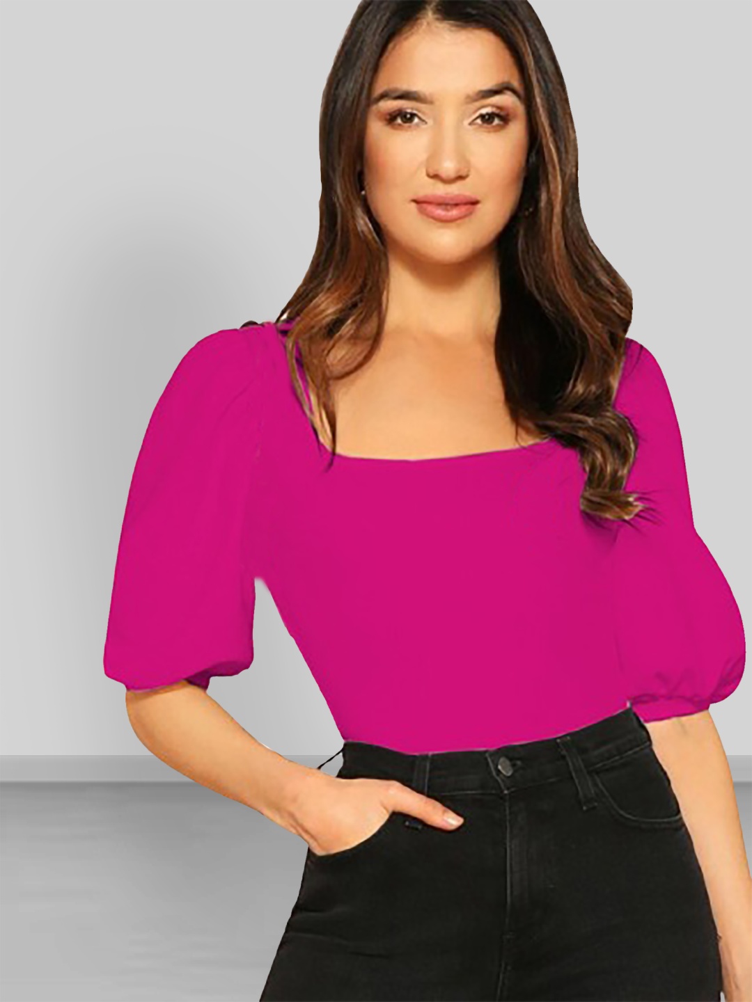 

Dream Beauty Fashion Square Neck Short Puff Sleeve Top, Pink