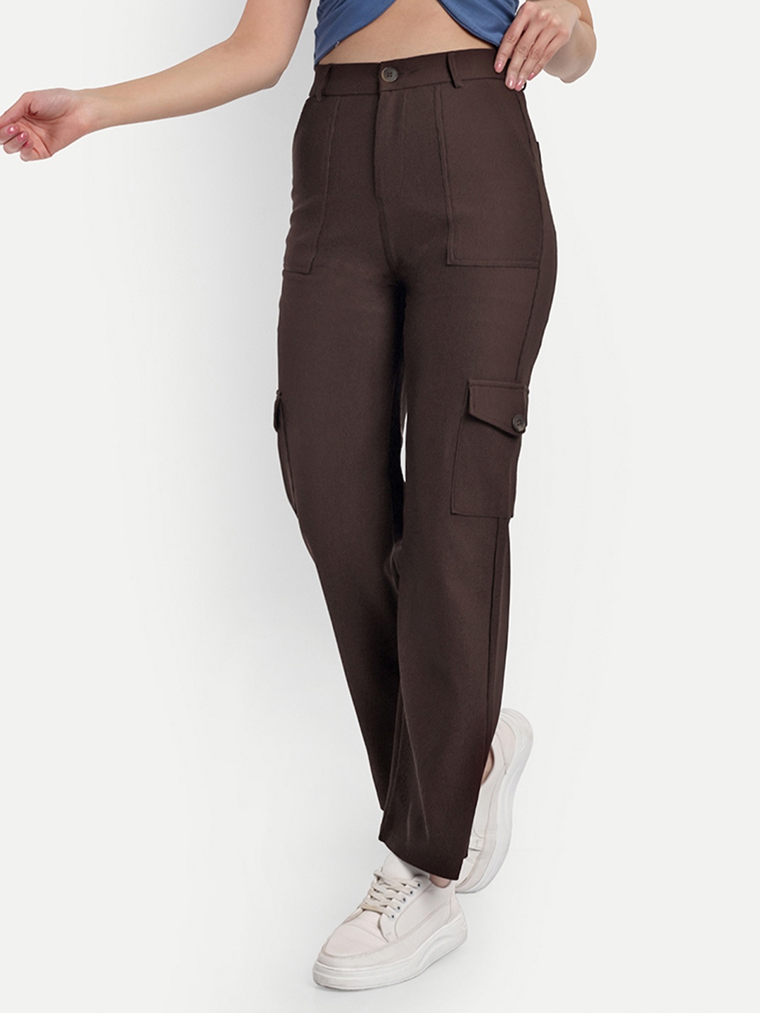 

BROADSTAR Women Smart Straight Fit High-Rise Easy Wash Corduroy Trousers, Brown