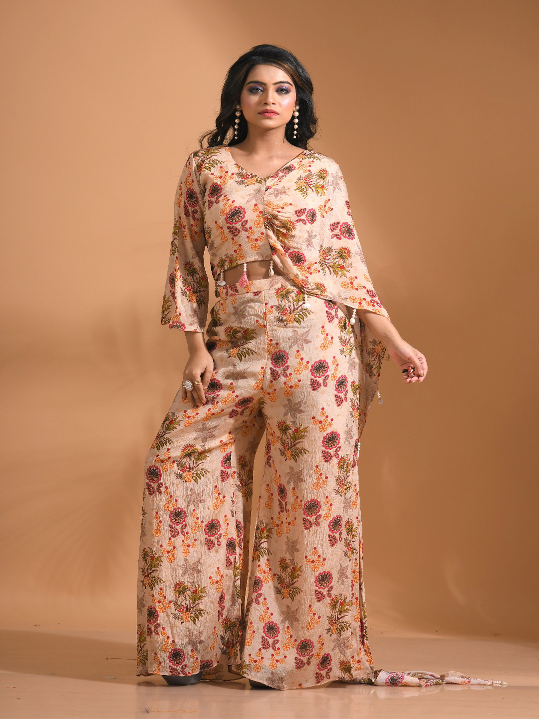 

Morchari Printed V-Neck Top With Trouser Co-Ords, Cream